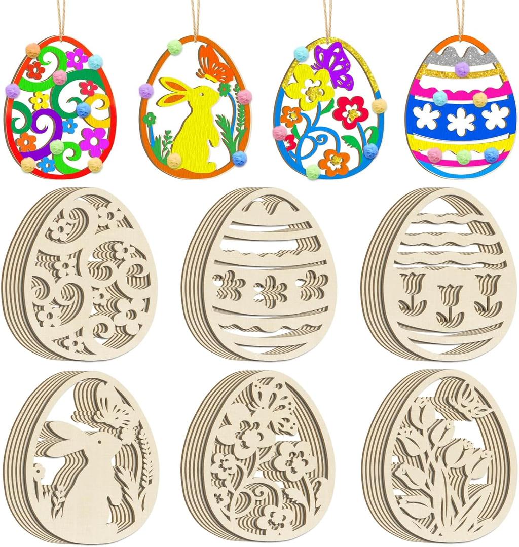 36PCS Wooden Easter Ornaments to Paint, 6 Styles DIY Blank Unfinished Wood Egg Cutouts Ornament for Crafts Hanging Decorations Happy Easter Hallow Egg Rabbit Bunny Butterfly Flower Hen (Large)