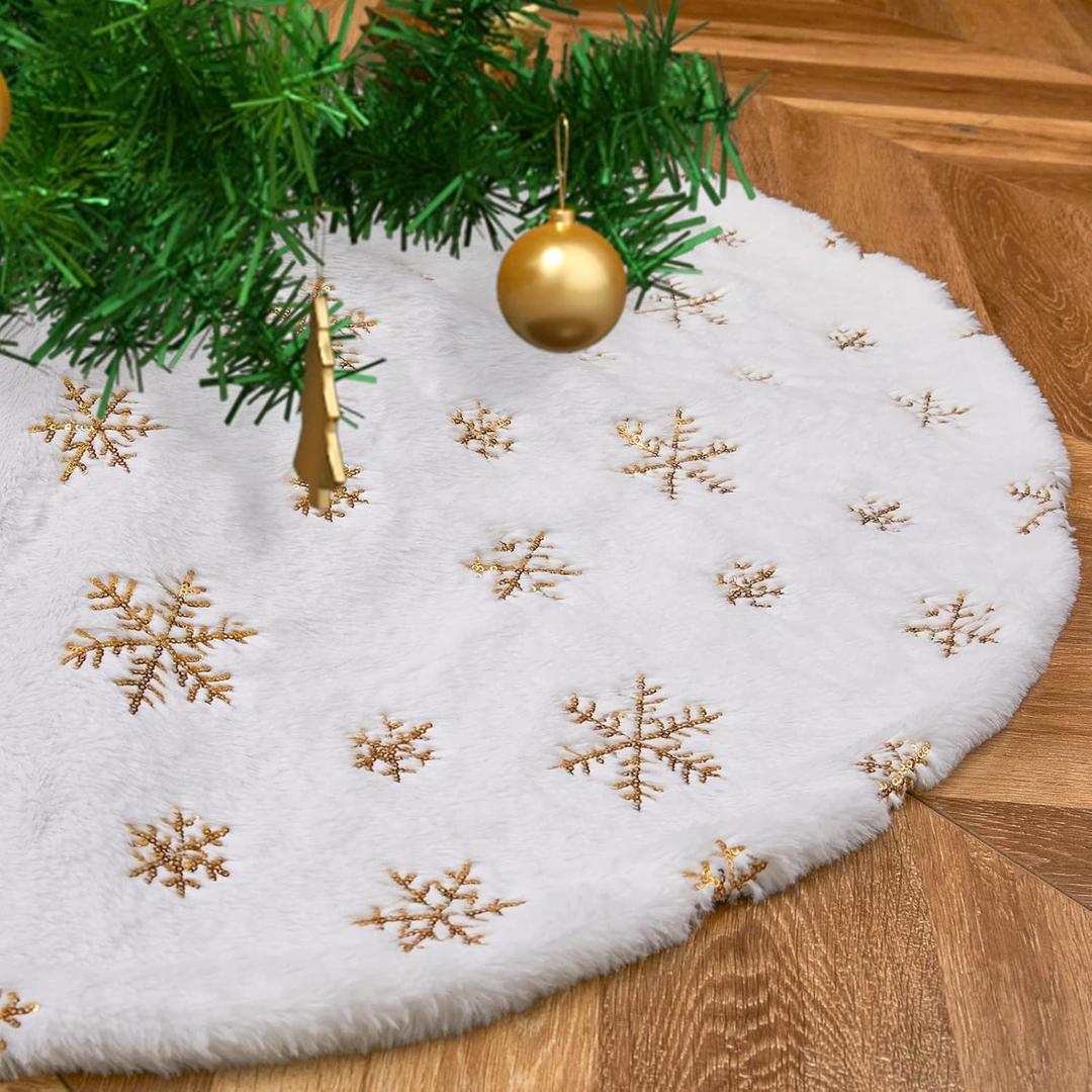 Mr. Pen Christmas Tree Skirt 24 inches, White Faux Fur Christmas Tree Skirts with Gold Snowflakes, White Tree Skirt
