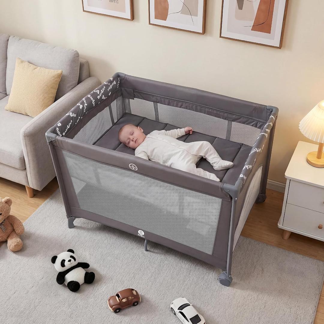 Babilous Pack and Play, Baby Bassinet with Wheels, Foldable Baby Playard for Travel, Easy Carry Bedside Bassinet, Mini Pack n Play with Comfortable Mattress & Compact Space Saving Design, Grey