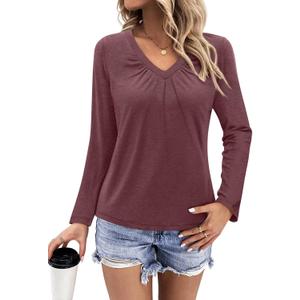 Womens Long Sleeve T Shirts V Neck Ruched Tops Loose Fit Pleated Tee Dressy Casual Tunic Blouses Fall Clothes (S)