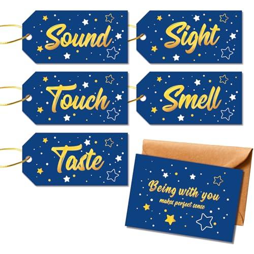 TQQBUU Gold Foil 5 Senses Gift Tags with String and Greeting Cards - 5 Sense Tags for Him or Her, Perfect for Anniversary, Valentine's Day, Birthday(8"*6") - Golden Blue