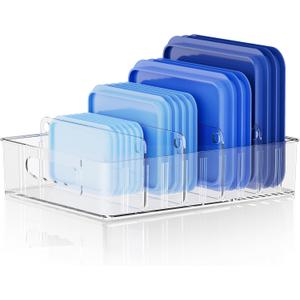 LYNG Lid Organizers Inside Cabinet, Clear Plastic Storage Lid Organizer With 4 Adjustable Dividers, Food Container Lid Organizer For Kitchen Pantry