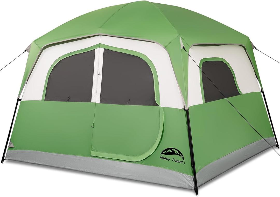 Happy Travel Tent 6 Person Tents for Camping, Waterproof Easy Setup Camping Tent with Rainfly, Portable Large Family Cabin Tent with 5 Large Mesh Windows and Carry Bag for Outdoor Camping & Hiking, Green