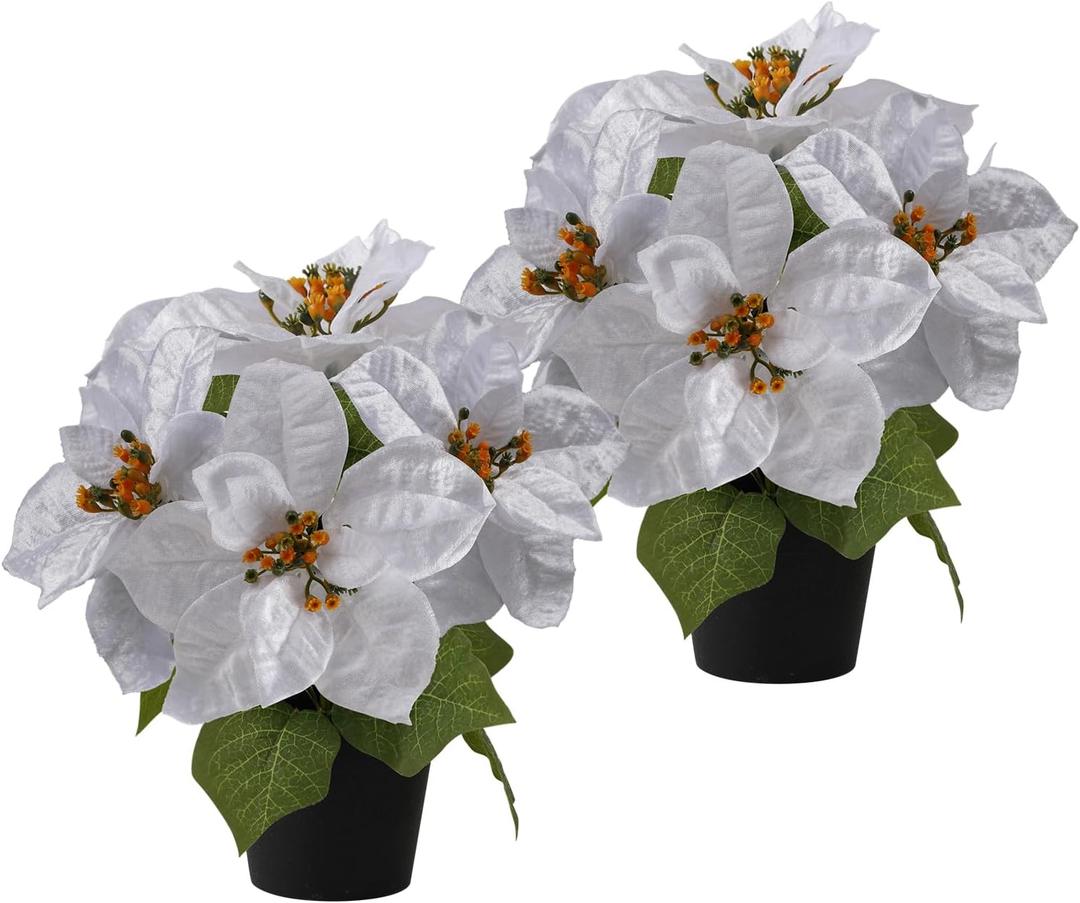 Poinsettias Flowers Artificial 2 Pack White Faux Christmas Poinsettia Plant Small 11 Inch Winter Flowers for Home Office Table Decorations Indoor Xmas Ornament (Cream)