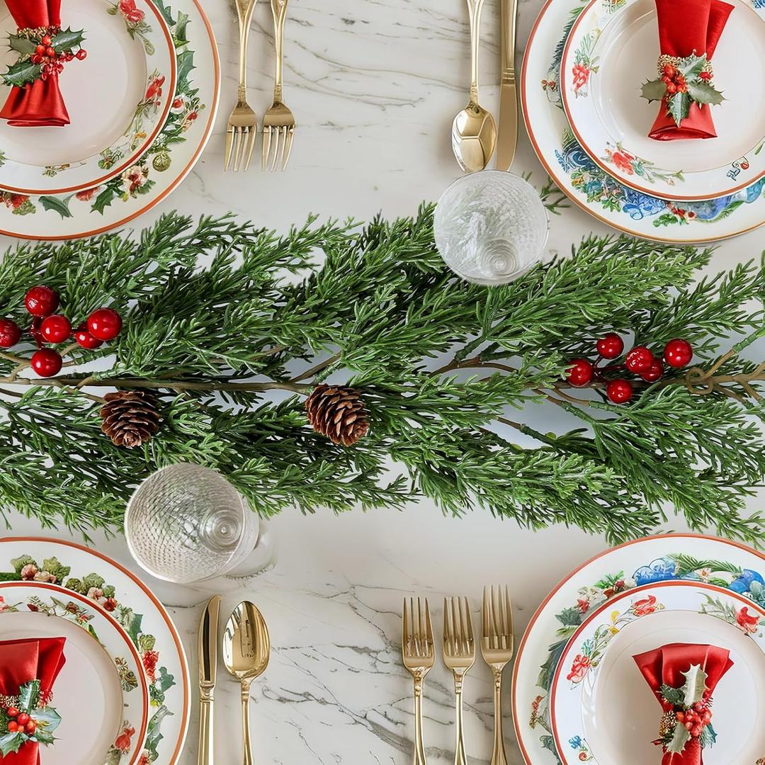 Faux Cedar Christmas Garland with Red Berries & Pine Cones  Full Faux Winter Greenery for Holiday Mantel, Staircase, Doorway, Indoor Outdoor Christmas Dcor (9FT-Deluxe Cedar)