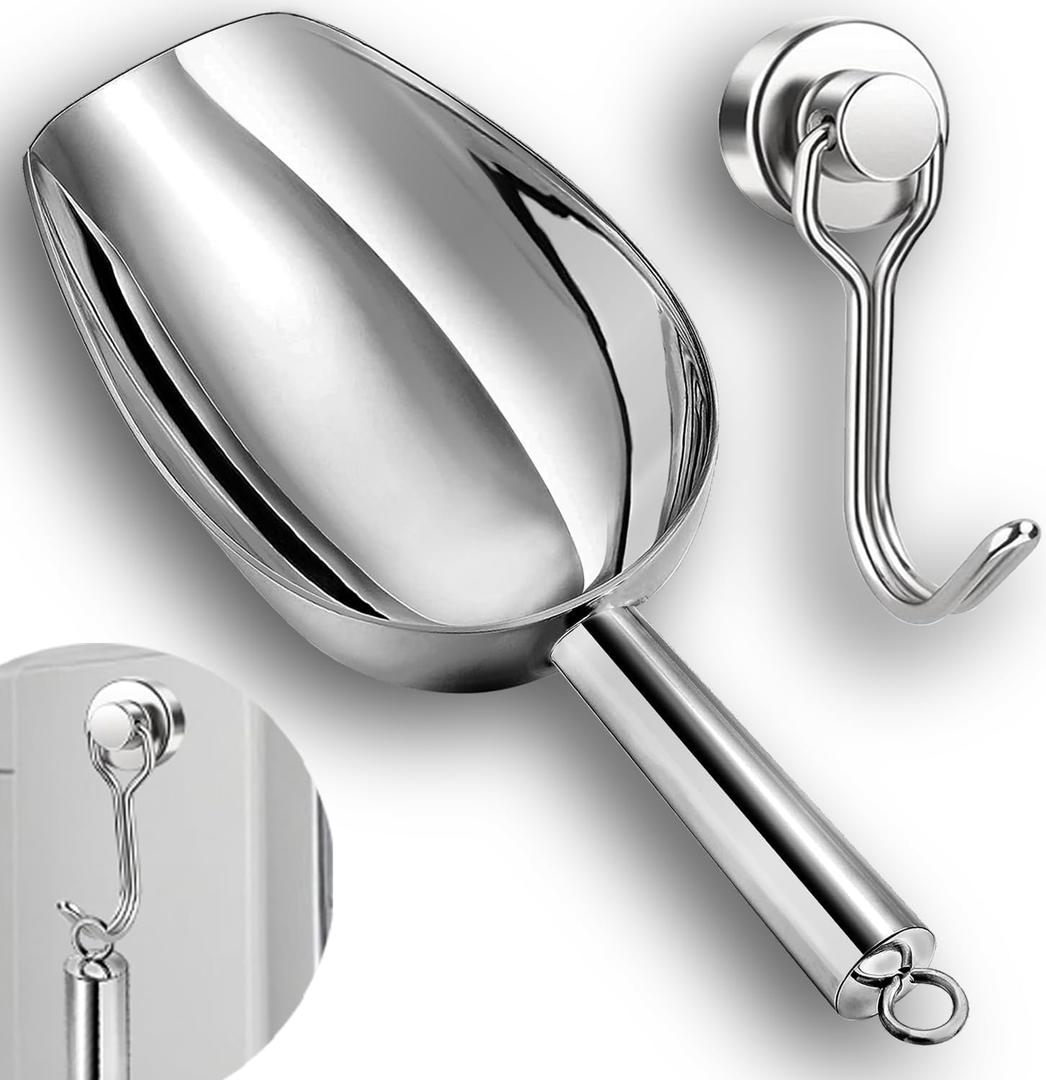 6oz Stainless Steel Ice Scoop for Freezer with Magnetic Hook, Dishwasher Safe Ice Scooper for Ice MachineMetal Scoop for Ice Maker, Ice Bucket, for Kitchen Bar Party Accessories (6OZ Silver)