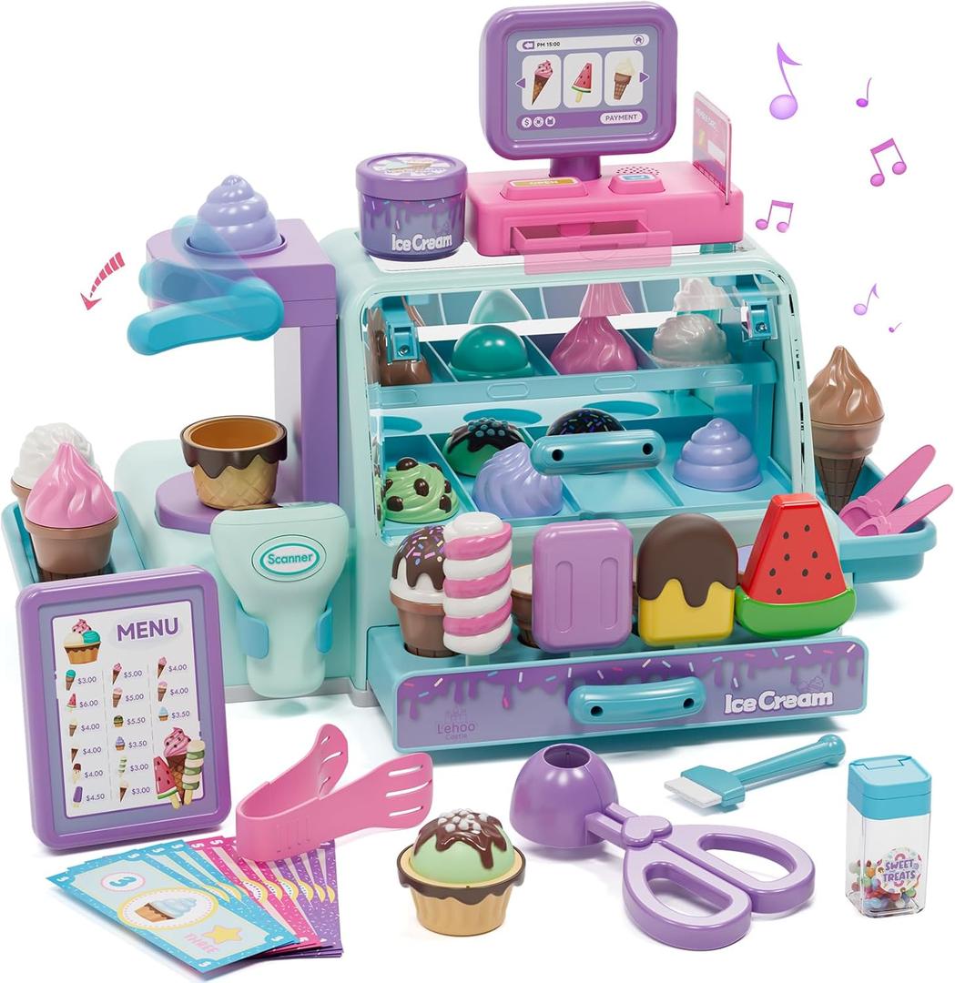 Lehoo Castle Ice Cream Toy, Toys for 4 Year Old Girls, Play Ice Cream Counter Shop Playset for Kids, Ice Scoop, Gifts for Girls 3 4 5 6 Year Old