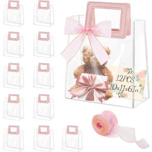 12 Pcs Clear Gift Bags with Handles, Transparent PVC Gift Bag with Ribbon, Reusable Plastic Shopping Bags, Heavy Duty Gift Wrap Bags for Bridal Party Baby Shower Wedding Birthday (10x11x6In-Large) (12Pcs-10x11x6In-Large)