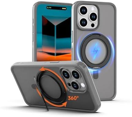 Magnetic for iPhone 15 Pro Max Case Grey with 360° Rotatable Invisible Ring Stand Designed，Compatible with MagSafe，Translucent Matte Grey Bumper Shockproof Decompress Slim Military Grade Case