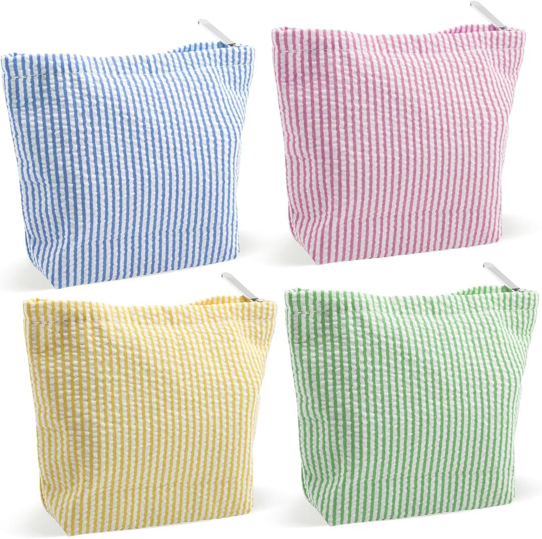 4-Piece Seersucker Makeup Bag, Striped Cosmetic Organizer, Large Travel Toiletry Pouch for Purse, Aesthetic Storage Bags for Women Bridesmaid Gift, Multi-colored