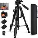 75" Camera Tripod, Aluminum Heavy Duty Camera Stand for ipad Phone, Travel Tripod with/Carry Bag/Phone Tablet Holder, Compatible with Canon Nikon Sony DSLR, Spotting Scopes, Max Load 15 Lb(Black)