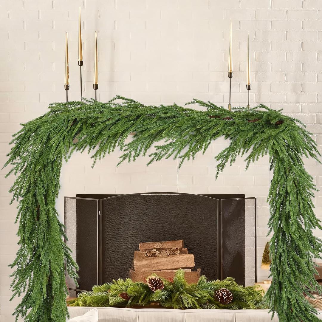 DearHouse Norfolk Pine Garland, 9 Ft Artificial Greenery Christmas Decoration for Holiday Season, Mantel Fireplace Table Runner Centerpiece