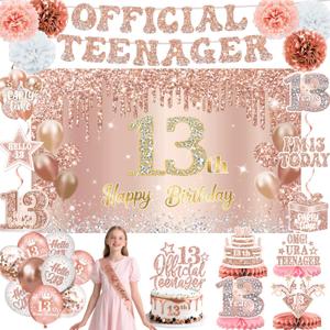 13th Birthday Decorations for Girls  53pcs Official Teenager Decorations Backdrop, Banner, Honeycomb Centerpieces, Hanging Swirls, Foil & Latex Balloon, Cake & Cupcake Toppers, Sash, Pom Poms (Rose Gold 13th)