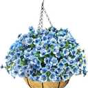 Artificial Hanging Flowers for Outdoors with Basket,UV Resistant Realistic Faux Hanging Plants Outdoor Artificial Flowers for Outdoors Basket for Yard Porch Patio,12 Bundles(Blue White)