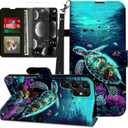 for Samsung Galaxy S25 Ultra Case with Screen Protector & Kickstand & Card Holder & Wrist Strap,Flip Folio Leather Cover Magnetic Protective Case for Samsung S25 Ultra,Sea Turtle Green