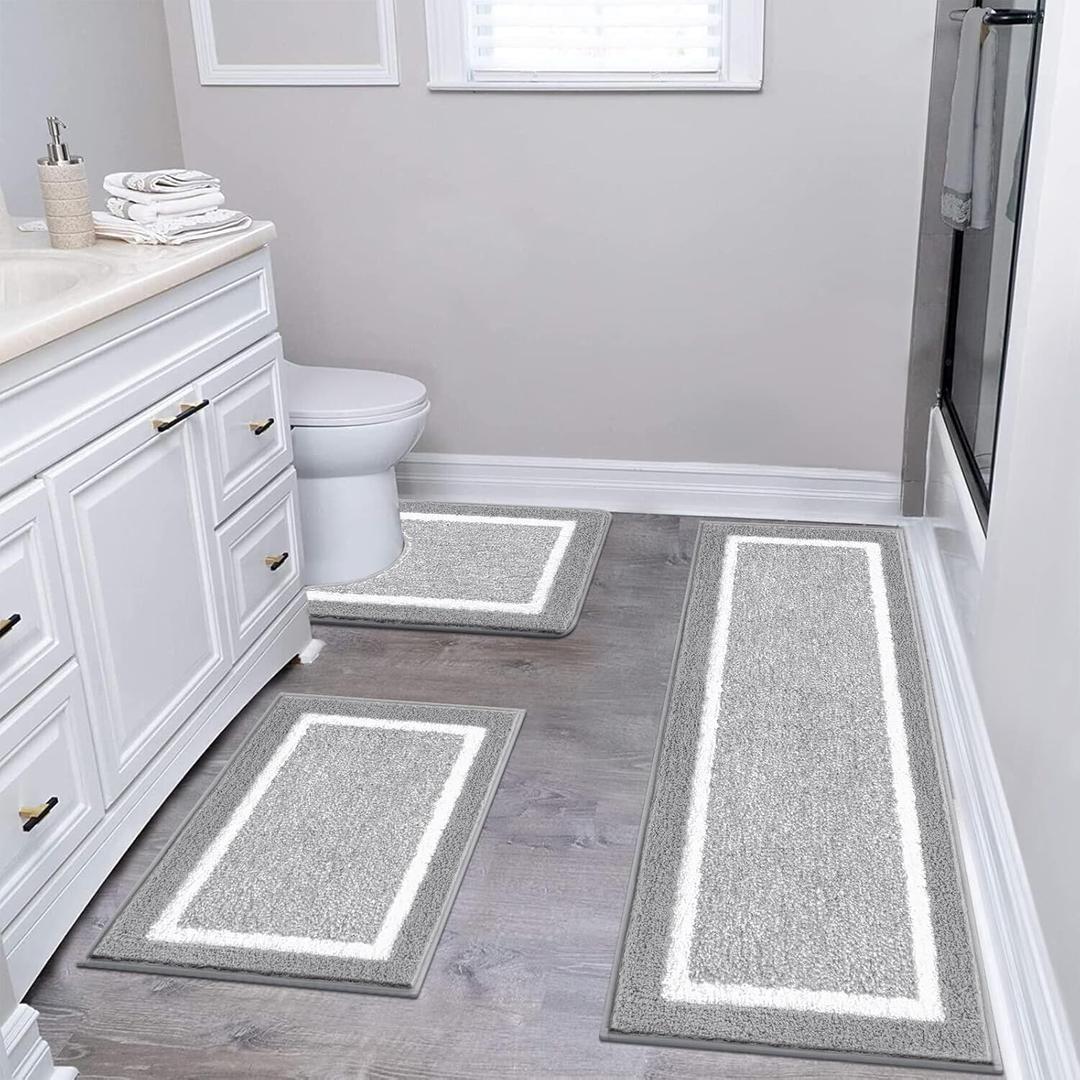 Pauwer Bathroom Rug Set 3 Piece, Non-Slip Absorbent Bath Mats, Microfiber Soft, Absorbent Plush Shaggy Carpets Includes U-Shaped Toilet Mat for Bath Floor, Shower, Light Grey (18"x26"+18"x48"+U Shape 20"x24")