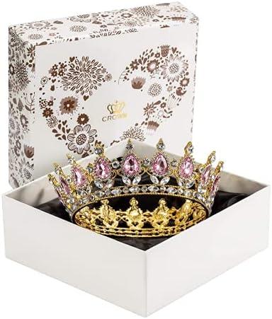 Rhinestone Cake Topper Crown Fancy Party Cake Decoration Princess And Prince HeadpieceGold-pink)