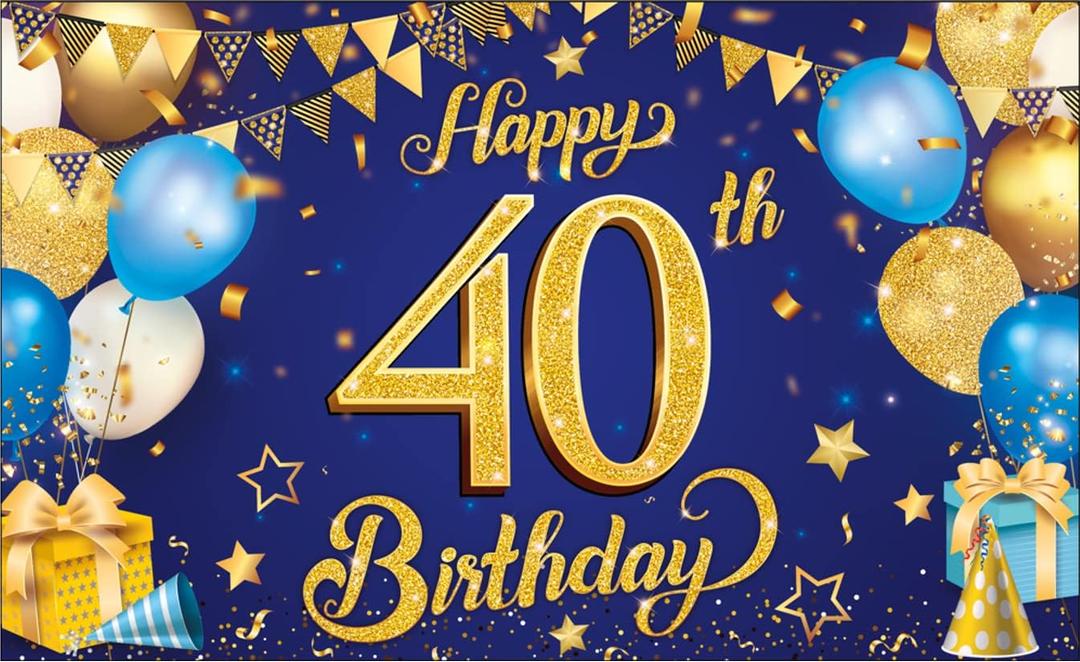 KatchOn, Blue and Gold 40th Happy Birthday Banner - XtraLarge, 72x44 Inch | Backdrop Banner For 40th Birthday Decorations | Blue And Gold Party Decoration