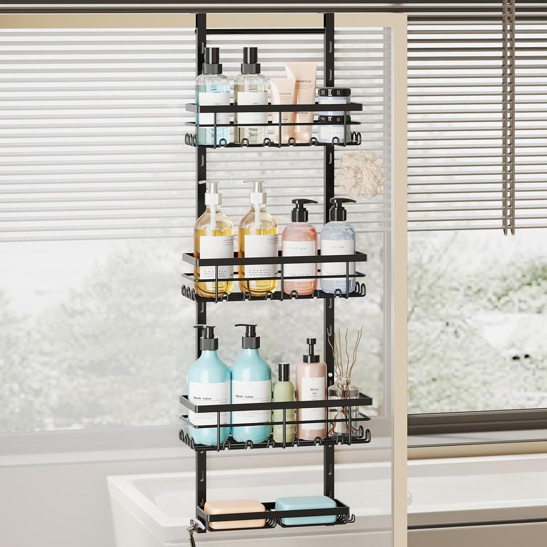 SWTYMIKI Over The Door Shower Caddy - 4 Tier Rustproof Hanging Shower Organizer with Adjustable Shelves, 40 Hooks & Soap Holder, Hanging Shower Rack Storage for Bathroom Accessories, Black
