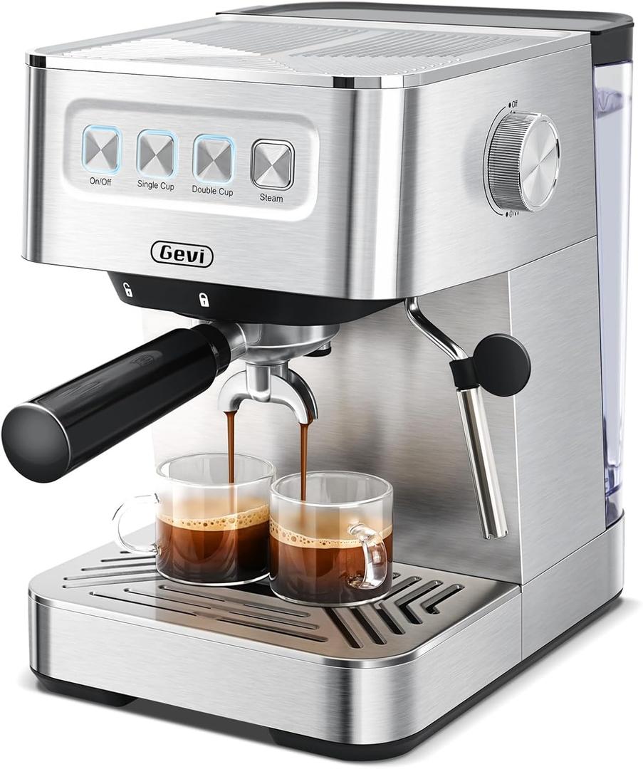 Gevi Espresso Machine 20 Bar, Coffee Machine with Milk Frother, Stainless Steel Espresso Maker for Cappuccino, Latte, Silver
