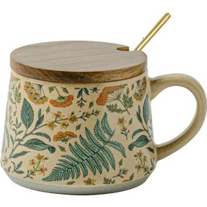 13oz Cute Ceramic Coffee Mugs, Individually Handmade Floral Pottery Cup, Microwave Safe Vintage Drinkware Gifts for Women (Summers Whisper with Lid and Spoon)