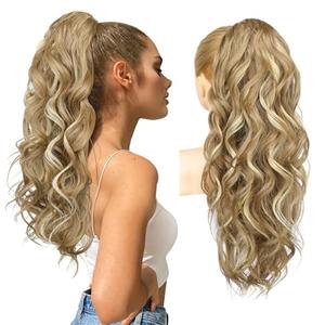 REECHO 24" Ponytail Extension Long Curly Claw Clip Ponytail Extension Jaw Clip in Pony Tails Natural Synthetic Hairpiece for Women Daily, Medium Blonde with Blonde Highlights