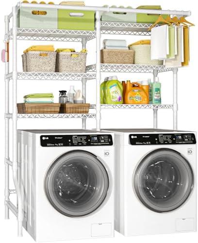 Ulif U13 Medium Over Washer and Dryer Storage Shelves, 6 Tiers Laundry Room Standing Shelf with 2 Hanger Rods, Space Saver Clothes Drying Rack, 57.8" W x 22" D x 77.4" H, White