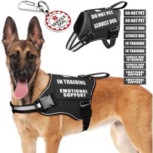 Service Dog Vest Harness+ID Tag+10 Patches,Metal Serivce Dog Tag&Reflective Emotional Support Dog Vest with Handle for Large Dogs,Easy Put On/Off for Training/Walking/Everyday Black L