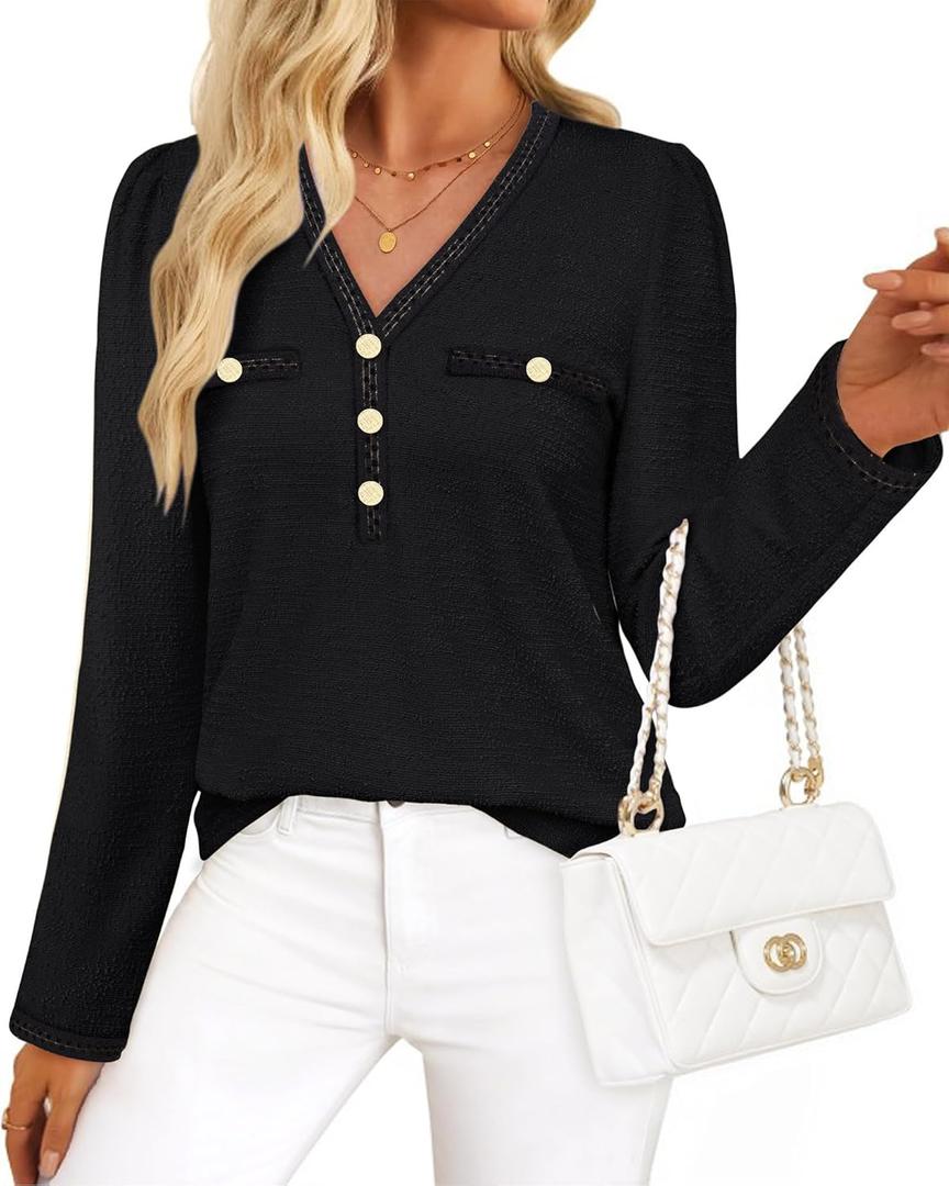 Triratna Long Sleeve Shirts for Women Dressy Button Front Tweed Blouses Business Casual Winter Tunic Tops Office Work (Medium, Black)