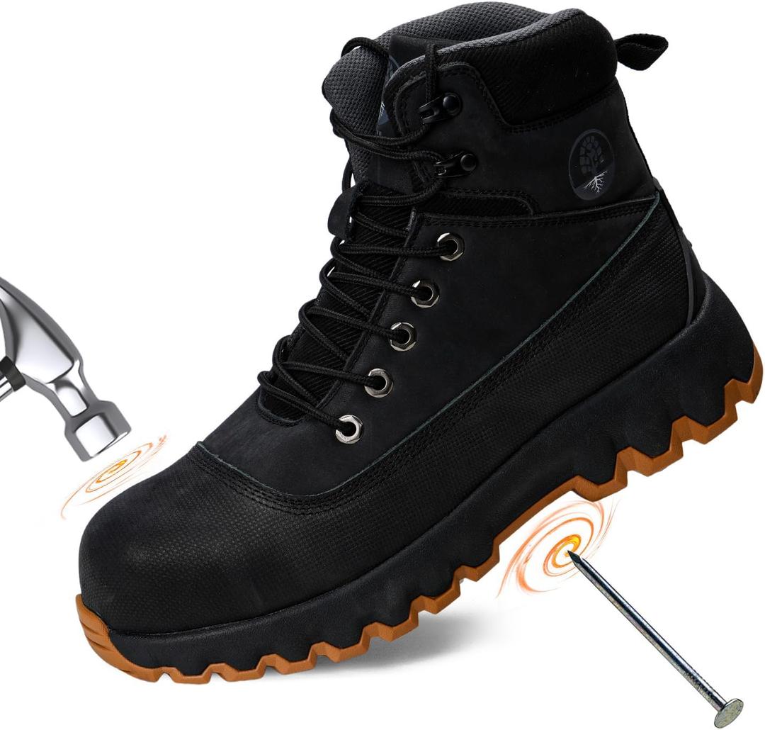 Mens work boots Composite Toe Boots for Men Genuine Leather Rubber Sole No Slip Waterproof Shoes Industrial & Construction Safety boots (Black), 9.5