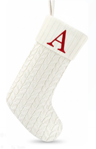 Paulmele 20 Inches Christmas Stockings with Initials, Knit Embroidered Letter White Christmas Stocking, Monogram Christmas Stocking for Famliy Holiday and Xmas Tree Fireplace (Letter-A)