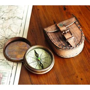 Antiqued Brass Poem Compass with Leather Case