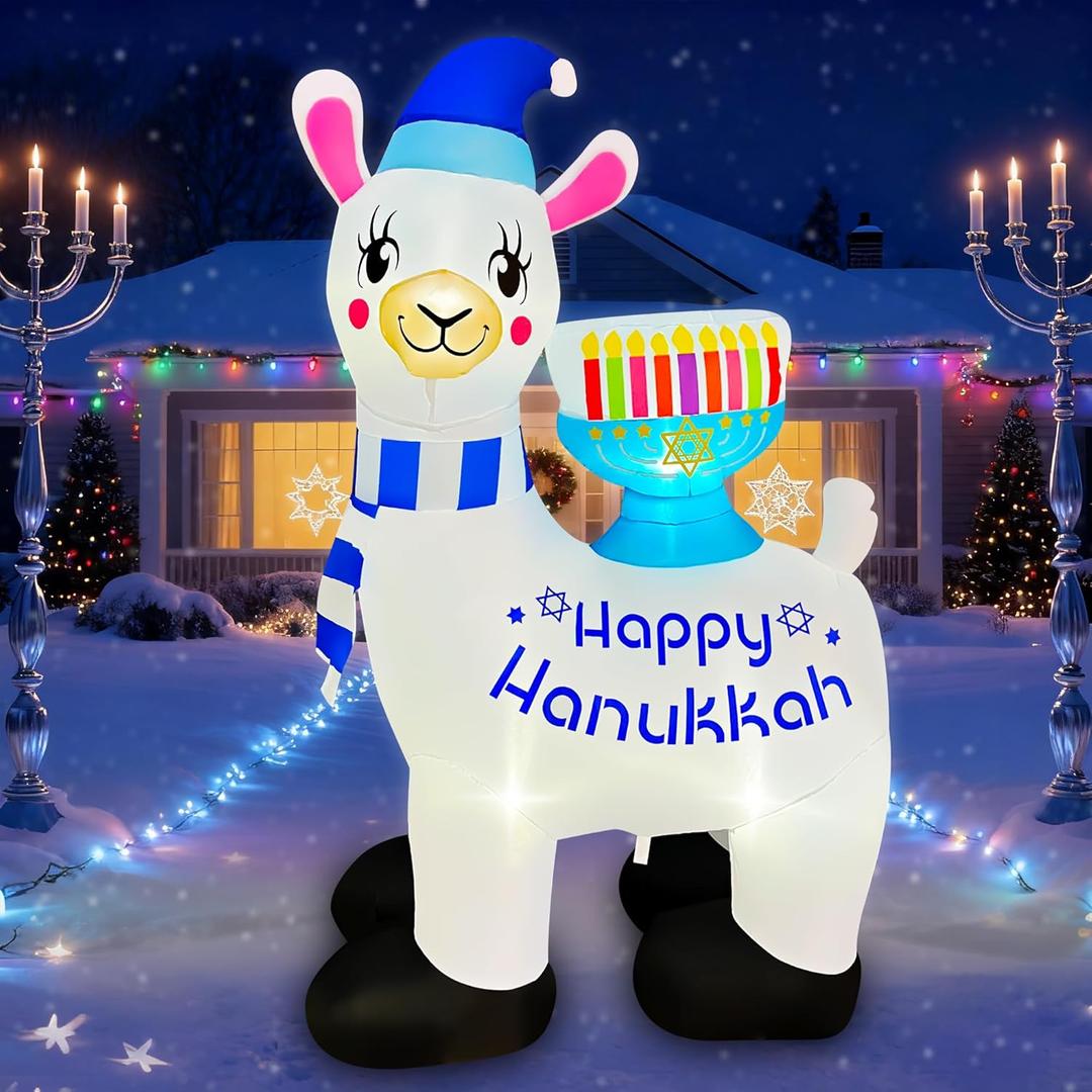 SEASONBLOW 5 Ft Hanukkah Inflatable Alpaca with Menorah Decorations Blow Up Llama LED Lighted Chanukah Decor for Home Garden Lawn Yard Outdoor Indoor