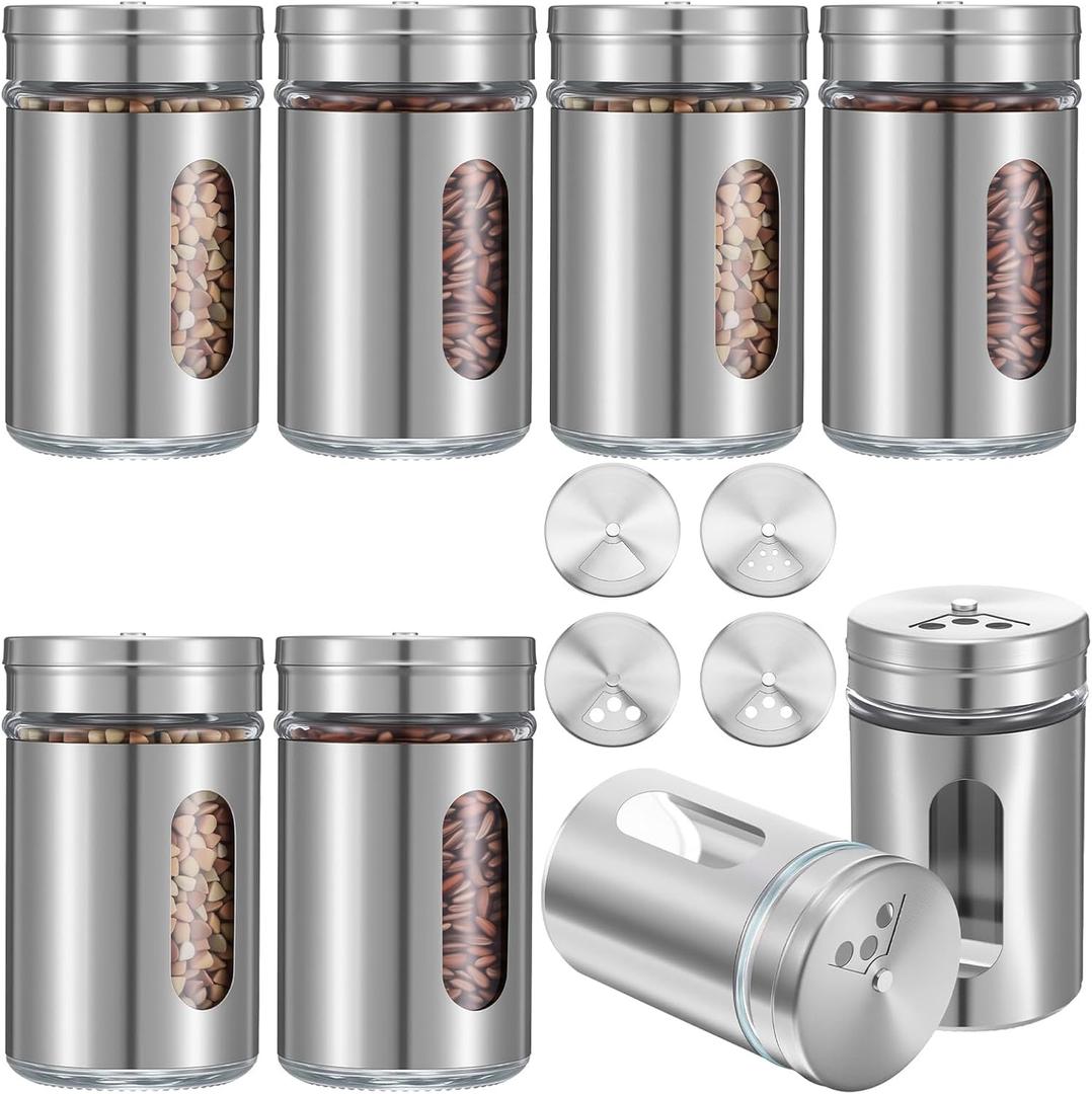 8 Pcs Premium Stainless Steel Salt and Pepper Shakers Set  Salt and Pepper Shakers,Stainless Steel Shaker for Salt Powder Sugar Cinnamon Pepper, Spice Dispenser with Adjustable Pour Holes, Silver
