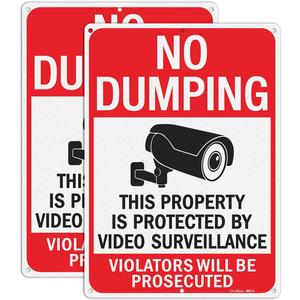 GicnKeuz Large No Dumping signs, 14x10 Inches Property Protected by Video Surveillance signs, Reflective Aluminum, Fade Resistant/Waterproof, Indoor or Outdoor Use (2-Pack)