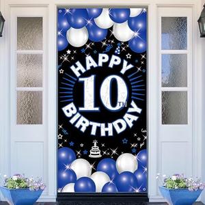 PHXEY Happy 10th Birthday Decorations for Boys & Girls, Blue Fabric Banner Backdrop for 10 Year Old Birthday Party, Perfect Photo Backdrop, Yard Sign, Cake Table Decor, Door or Entrance Sign