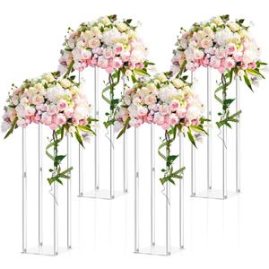 Geetery 4 Pieces 28 Inch Tall Acrylic Vase Wedding Centerpieces Clear Flower Stand Column Geometric Floral Vase Elegant Display Holder for Birthday Party Wedding Table Decorations