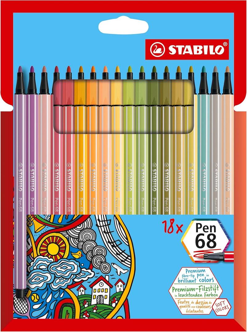 STABILO Premium Fiber-Tip Pen Pen 68 - Pack of 18 - Assorted Colors - Coloring Felt Tip Marker, Fine Point, 1mm Tip