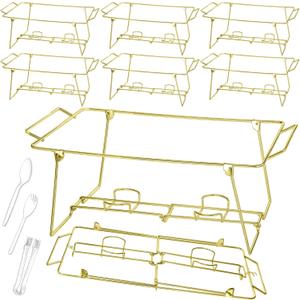 Geosar 32 Pack Wire Buffet Rack Stand Folding Chafing Stand Chrome Frame Serving Trays Food Warmer with Plastic Tongs Forks and Spoons for Christmas Thanksgiving Home Party Catering Supplies(Gold)