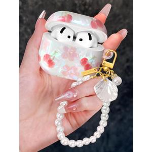 Coralogo for AirPods 4 Case with Pearl Keychain - Cute Women Glitter Shell Design Cover Girls Girly Pretty Stylish Kawaii Girlish Protective for Apple for AirPods 4 Case, Cherry Flower