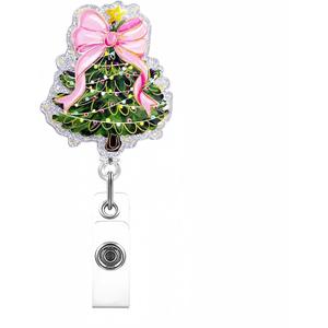 2 x Christmas Tree Badge Reels - Christmas Pink Bow Badge Holder Retractable Clip with Glitter Tree Design, Sparkling Colored Lamp Tree Badge Reels for Nurse Doctor, Holiday Name Tag for Office