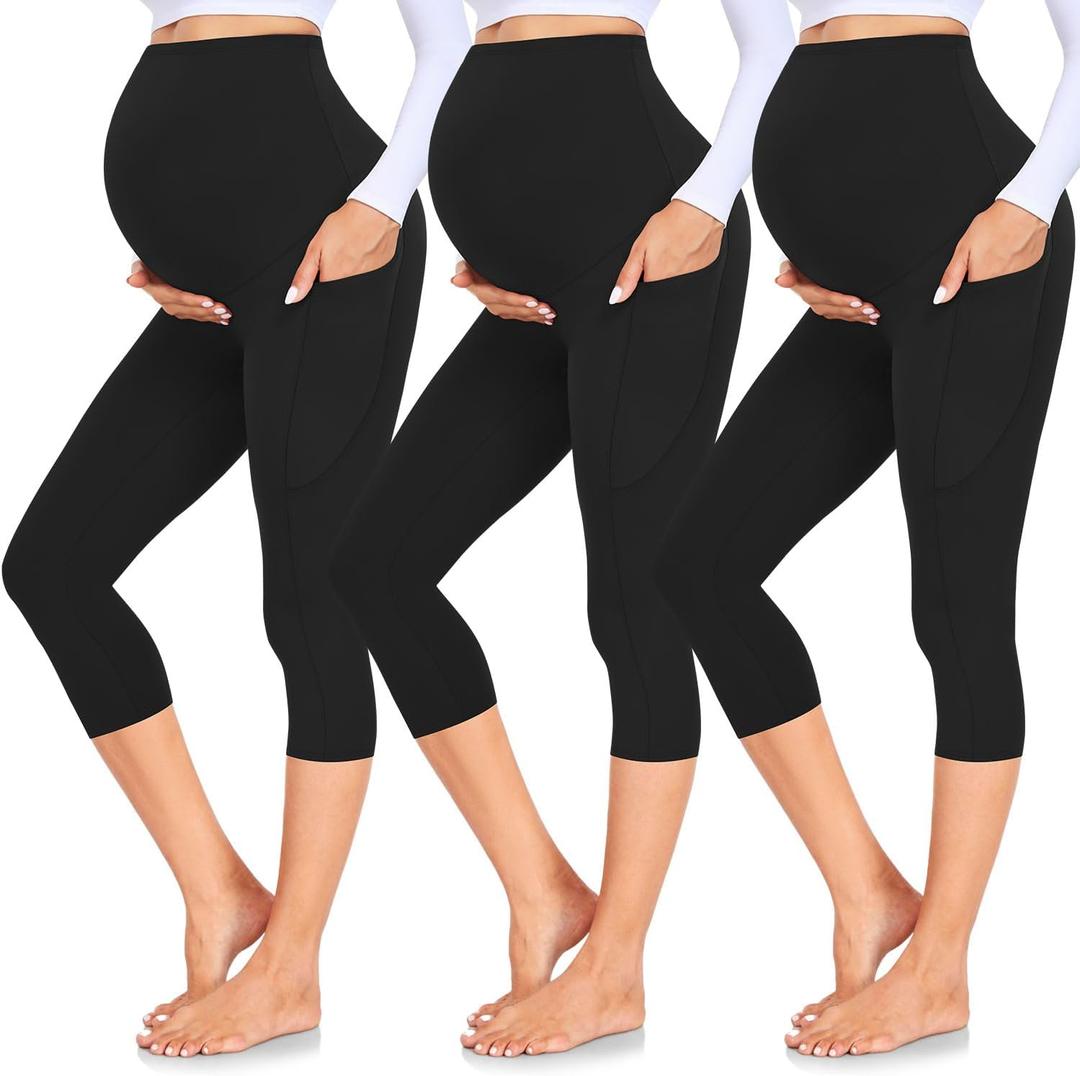GROTEEN 3 Pack Women's Maternity Leggings with Pockets Over The Belly Workout Yoga Pregnancy Pants, XL