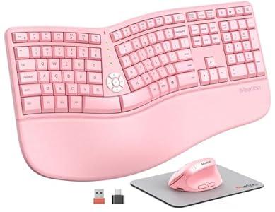 MEETION Wireless Ergonomic Keyboard and Mouse Combo, 2.4G Cordless Split Keyboard with Cushioned Palm Rest, Rechargeable Vertical Mouse, Natural Typing Full Size Keyboard, Windows/ Mac Pink