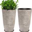 QCQHDU Set of 2 Oversized 9 Gallon Round Planters for Front Door & Patio - 12x21 Inch Tall Outdoor/Indoor Plant Pots with Drainage Tray, Gray Faux Stone Textured Tree Planters for Porch Decor