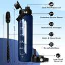 Aqulea 32 oz Glass Water Bottle with 2 Lids Spout & Straw Lids, 1L Motivational Borosilicate Glass Water Bottle with Time Marker & Silicone Sleeve, Leakproof (Blue)