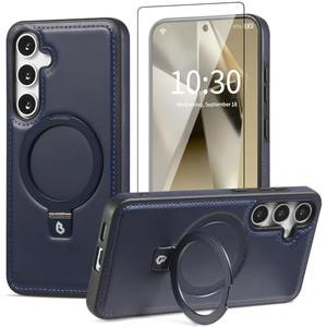 Bullroye for Samsung Galaxy S25 Plus Case with Stand Magnetic, Compatible with MagSafe Ring Leather Case, with Camera Lens and Screen Protector, Protective Military Grade Shockproof, Navy