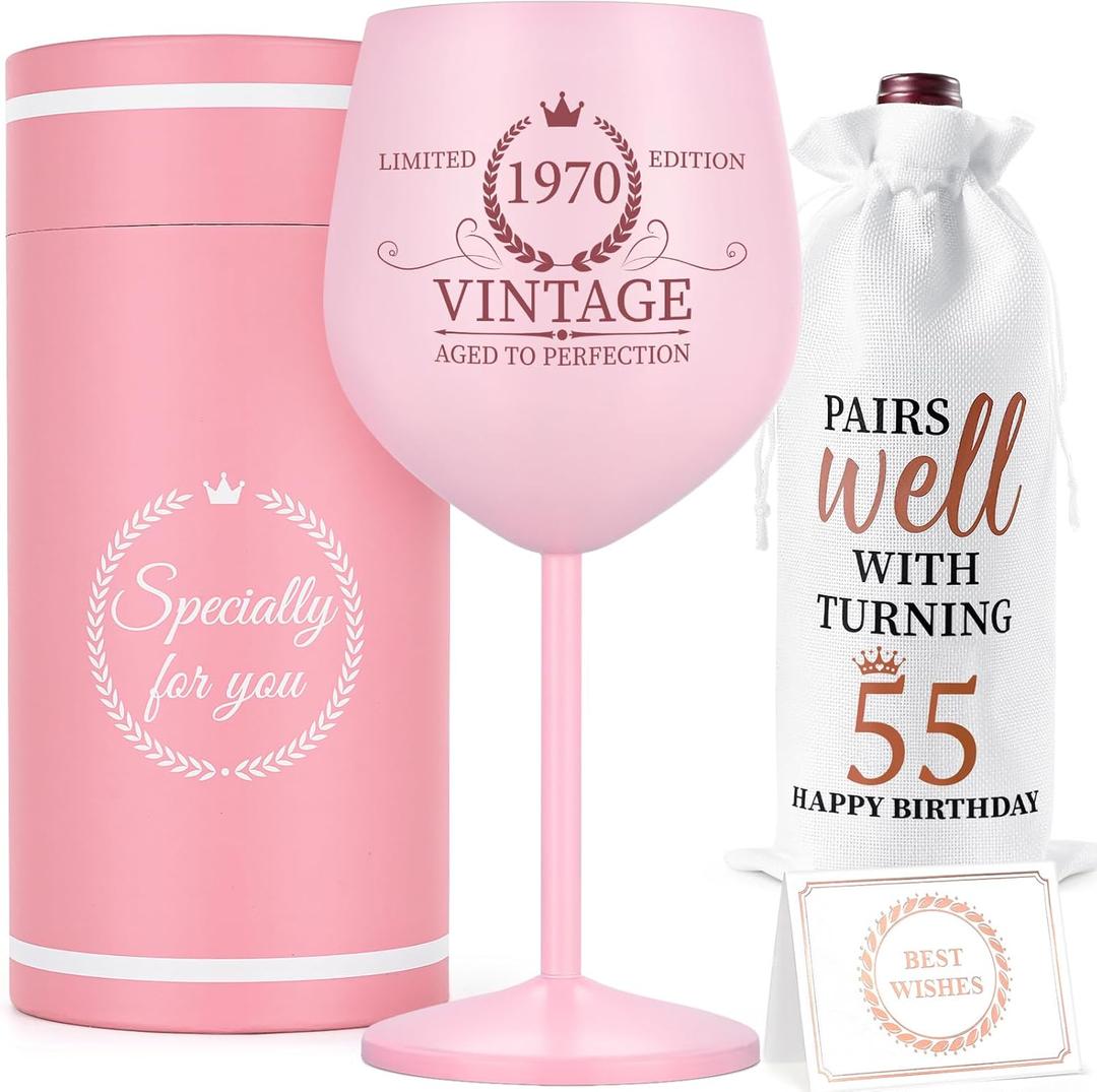 Lifecapido 55th Birthday Gifts for Women, Vintage 1970 Stainless Steel Wine Glass with Wine Bag and Card, 55th Birthday Decorations for Women, 55 Year Old Birthday Gifts for Grandma Mom Friends Wife (Pink-55th)