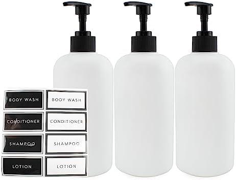 Cornucopia Brands Shower Pump Bottles (Set of 3, White); 16oz Plastic Pump Dispensers for Shampoo, Conditioner, and Body Wash