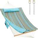 CHULIM Outdoor Double Hammock with Hardwood Spreader Bars, Large Rope Hammock with Polyester Pad and Pillow, 475 LBS Capacity for 2 Person Patio Backyard Poolside - Bule Stripe