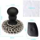 316 Upgraded Chainmail Scrubber with Silicone Handle Cast Iron Cleaner for Cast Iron Grill Pan Skillet Wok Bakeware Ergonomic to Hold Easy to Use Dishwasher Safe, Scrubber + Scraper + Towel (Black)